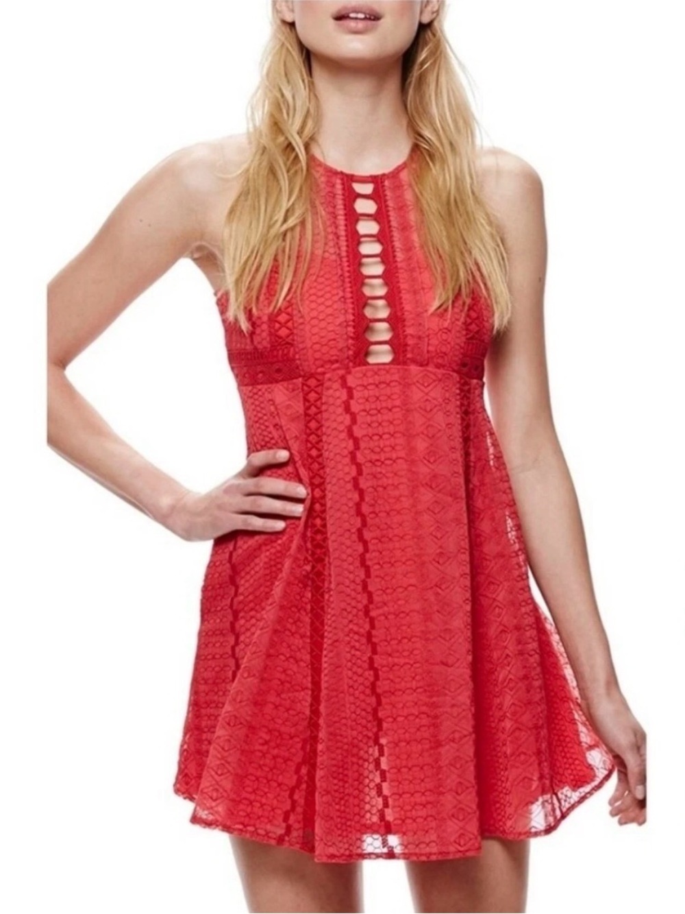 Free People Red Cutout Halter Dress—Wherever you Go Crochet Mini Dress Size 10